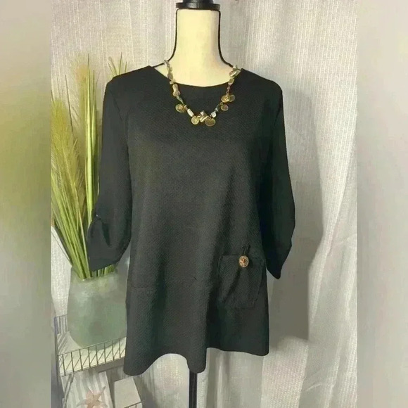 Kaktus Women’s Large Black Textured 3/4 Roll Tab Sleeve Front Pocket Hobo Tunic - Picture 1 of 15